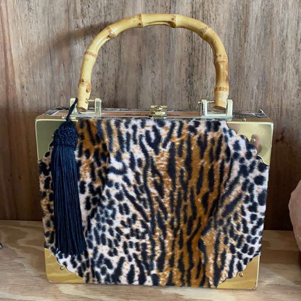 Cigar box leopard print with bamboo handle women purse